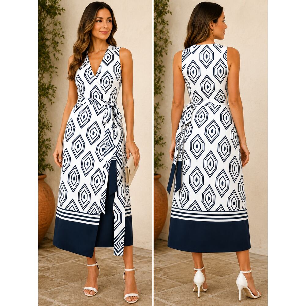 Banana Republic Geometric Wrap Midi Dress White Navy Sleeveless Tie Waist Size 4